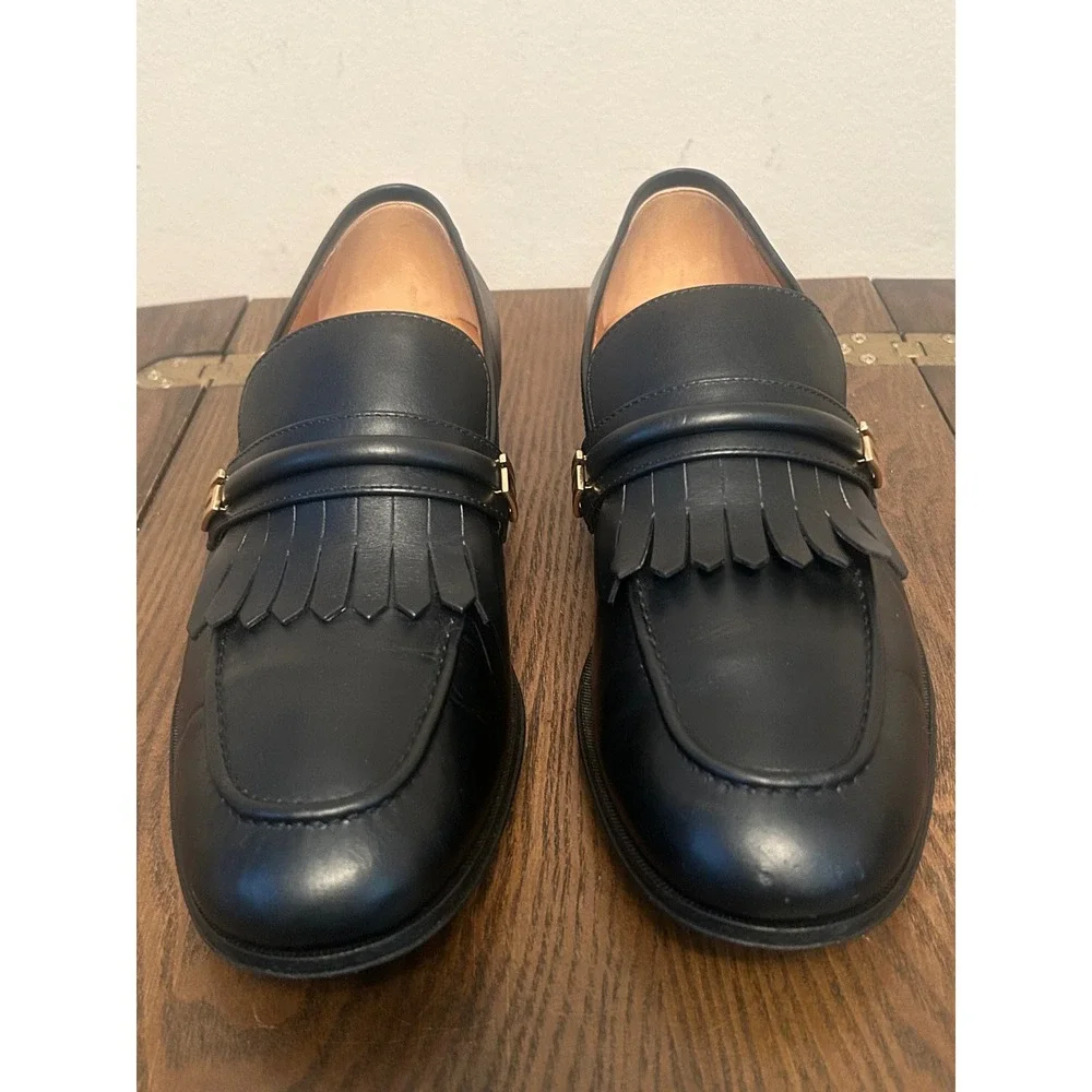 GUCCI 714680 Mirrored G Gold Kiltie Loafers Black Leather Men's 7.5